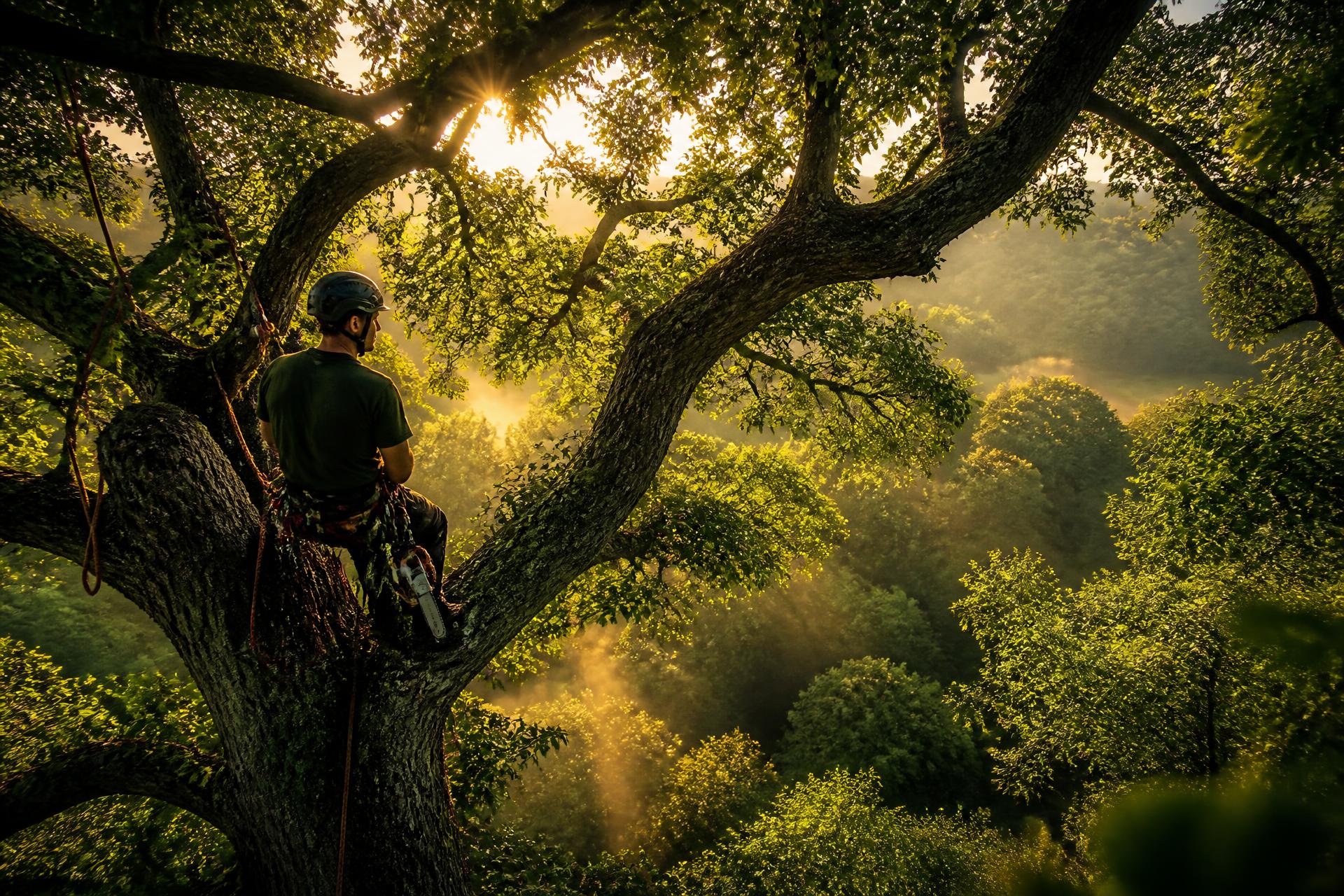 Certified arborist high in a majestic oak at golden hour